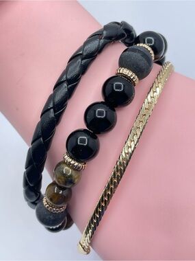 Gold Tone Black Beaded Layered Stack Bracelet Set Boho Luxe